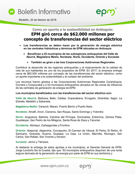 EPM Giró Cerca De $62.000 Millones Por Concepto De Transferencias Del Sector Eléctrico
