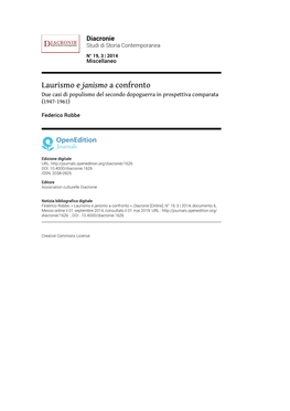 Laurismo E Janismo a Confronto Due Casi Di Populismo Del Secondo Dopoguerra in Prospettiva Comparata (1947-1961)