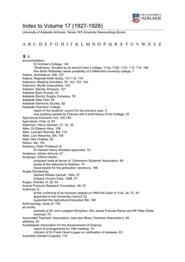 Index to Volume 17 (1927-1928) University of Adelaide Archives: Series 163 University Newscuttings Books