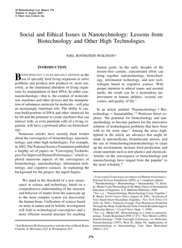 Social and Ethical Issues in Nanotechnology: Lessons from Biotechnology and Other High Technologies