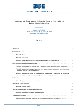 Ley 8/2009, De 28 De Agosto, De Financiación De La Corporación De Radio Y Televisión Española