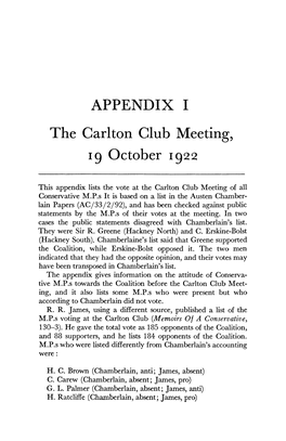 APPENDIX I the Carlton Club Meeting, 19 October 1922