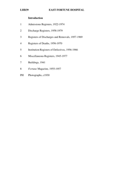 LHB39 EAST FORTUNE HOSPITAL Introduction 1 Admissions Registers