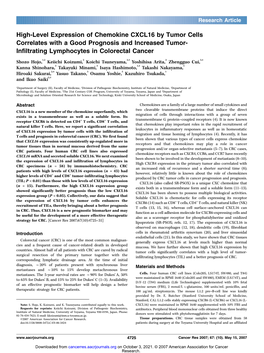High-Level Expression of Chemokine CXCL16 by Tumor Cells Correlates with a Good Prognosis and Increased Tumor- Infiltrating Lymphocytes in Colorectal Cancer