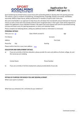 Sport Godalming Grant Aid Form