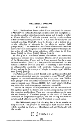 WHITEHEAD TORSION in 1935, Reidemeister, Franz and De Rham