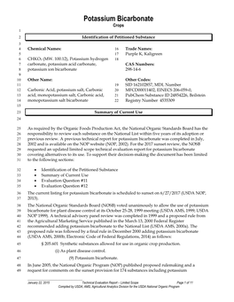 Potassium Bicarbonate Crops 1 2 Identification of Petitioned Substance 3 4 Chemical Names: 16 Trade Names: 5 17 Purple K, Kaligreen 6 CHKO3 (MW