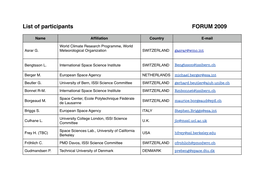 List of Participants FORUM 2009