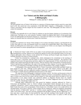 Lev Tolstoi and the Bábí and Bahá'í Faiths a Bibliography