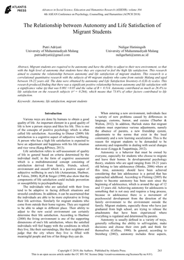 The Relationship Between Autonomy and Life Satisfaction of Migrant Students