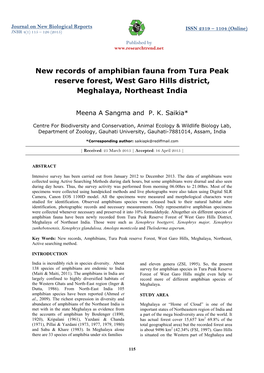 New Records of Amphibian Fauna from Tura Peak Reserve Forest, West Garo Hills District, Meghalaya, Northeast India