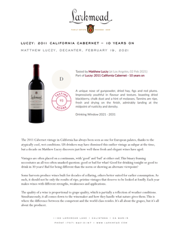 Luczy: 2011 California Cabernet – 10 Years on Mat Thew Luczy, Decanter, February 19, 2021