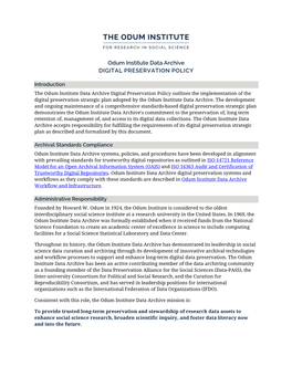 Odum Institute Data Archive DIGITAL PRESERVATION POLICY