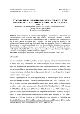 HYMENOPTERAN PARASITOIDS ASSOCIATED with SOME IMPORTANT STORED PRODUCT PESTS in KERALA, INDIA Binoy C.F