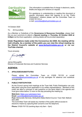 Agenda Or on the “Public Participation” Initiative Please Call the Committee Team on 01629 761133 Or E-Mail: Committee@Derbyshiredales.Gov.Uk 14 October 2020