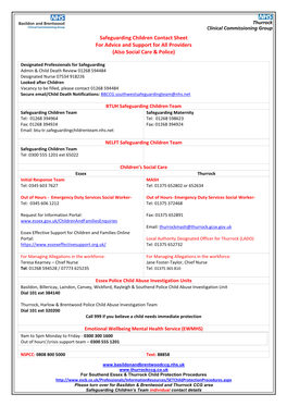 Safeguarding Children Contact Sheet for Advice and Support for All Providers (Also Social Care & Police)