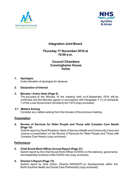Integration Joint Board Thursday 17 November 2016 at 10.00 A.M. Council Chambers Cunninghame House Irvine
