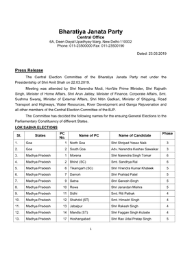 6Th List PRESS RELEASE of Lok Sabha Election 2019 As on 23.03