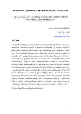 Ariano Suassuna: a Escrita E a Prática De Um Pensamento Educacional No “Brasil Real”