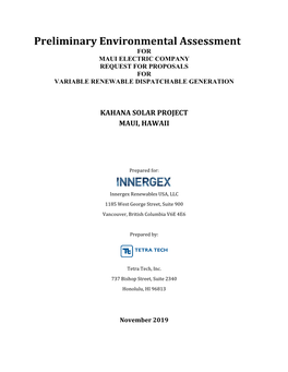 Preliminary Environmental Assessment for MAUI ELECTRIC COMPANY REQUEST for PROPOSALS for VARIABLE RENEWABLE DISPATCHABLE GENERATION