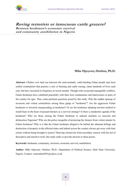 Roving Terrorists Or Innocuous Cattle Grazers? Between Herdsmen’S Economic Survival and Community Annihilation in Nigeria