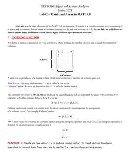 EECS 360: Signal and System Analysis Spring 2021 Lab#2 – Matrix and Array in MATLAB