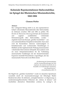 Koloniale Repräsentationen Südwestafrikas Im Spiegel Der Rheinischen Missionsberichte, 1842‐1884