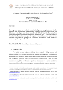 A Proposta Transmídia Na Televisão Aberta: As Novelas Da Rede Globo1