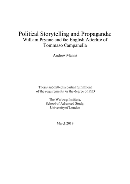 Political Storytelling and Propaganda: William Prynne and the English Afterlife of Tommaso Campanella