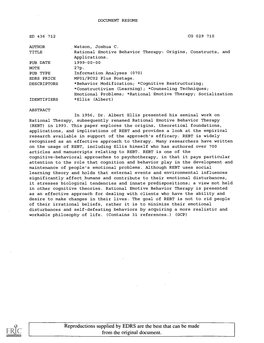 Rational Emotive Behavior Therapy: Origins, Constructs, and Applications. PUB DATE 1999-00-00 NOTE 27P