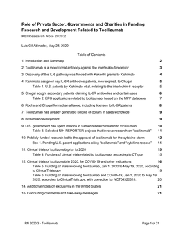 Role of Private Sector, Governments and Charities in Funding Research and Development Related to Tocilizumab KEI Research Note 2020:2