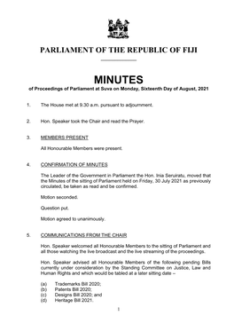 MINUTES of Proceedings of Parliament at Suva on Monday, Sixteenth Day of August, 2021