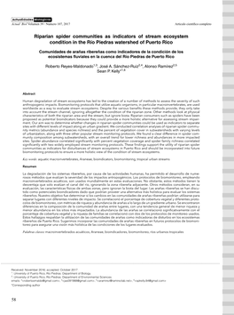 Riparian Spider Communities As Indicators of Stream Ecosystem Condition in the Río Piedras Watershed of Puerto Rico