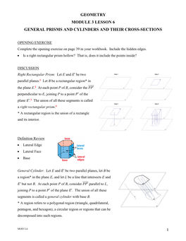 Geometry Module 3 Lesson 6 General Prisms and Cylinders and Their Cross-Sections