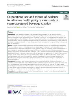 Corporations' Use and Misuse of Evidence to Influence Health Policy: a Case Study of Sugar-Sweetened Beverage Taxation