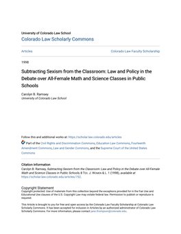 Subtracting Sexism from the Classroom: Law and Policy in the Debate Over All-Female Math and Science Classes in Public Schools