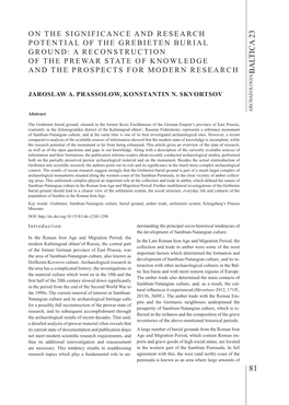 Prassolow Et Al on the Significance and Research Potential of the Grebieten Burial Ground: a Reconstruction of the Prewar State