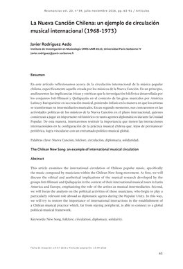 La Nueva Canción Chilena: Un Ejemplo De Circulación Musical Internacional (1968-1973)
