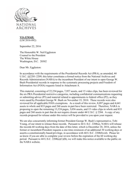 Letter of Notification of Presidential Records Release