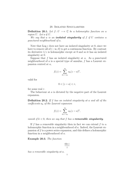 20. Isolated Singularities Definition 20.1. Let F : U −→ C Be A