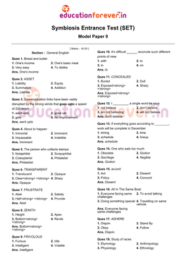 Symbiosis Entrance Test (SET) Model Paper 9