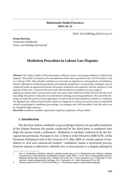 Mediation Procedure in Labour Law Disputes