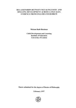 Relationships Between Metalinguistic and Spelling Development Across Languages : Evidence from English and Hebrew