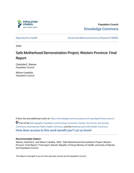 Safe Motherhood Demonstration Project, Western Province: Final Report