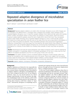 Repeated Adaptive Divergence of Microhabitat Specialization in Avian Feather Lice Kevin P Johnson1*, Scott M Shreve2 and Vincent S Smith3