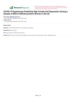 COVID-19 Experiences Predicting High Anxiety and Depression Among a Sample of BRCA1/BRCA2-Positive Women in the US