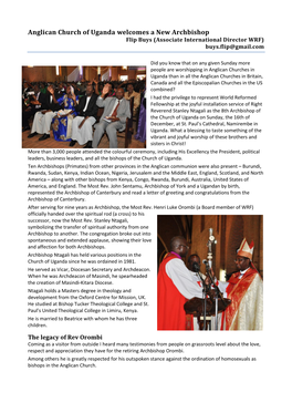 Anglican Church of Uganda Welcomes a New Archbishop Flip Buys (Associate International Director WRF) Buys.Flip@Gmail.Com