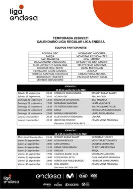 Temporada 2020/2021 Calendario Liga Regular Liga Endesa