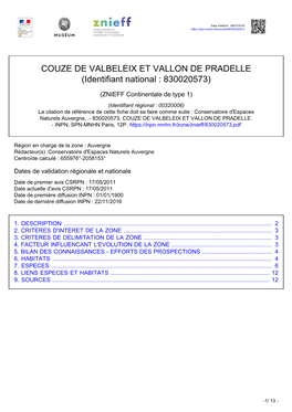 COUZE DE VALBELEIX ET VALLON DE PRADELLE (Identifiant National : 830020573)