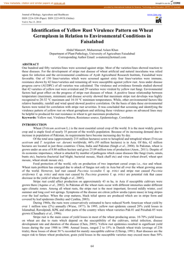 Identification of Yellow Rust Virulence Pattern on Wheat Germplasm in Relation to Environmental Conditions in Faisalabad